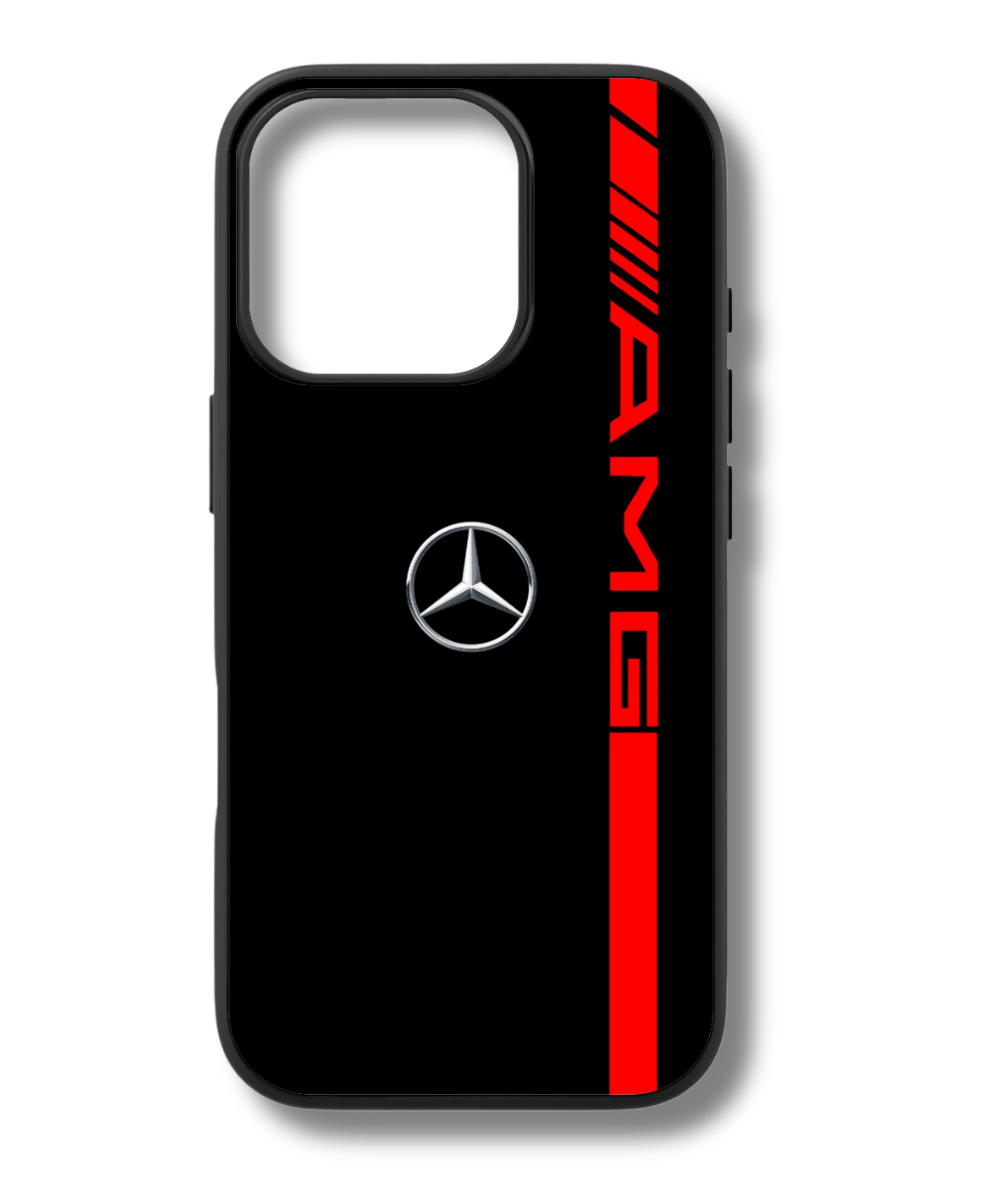 Show your appreciation for Mercedes-AMG performance with this stylish iPhone 15 Pro case. The bold red stripe with the AMG logo and the iconic Mercedes star make a powerful statement