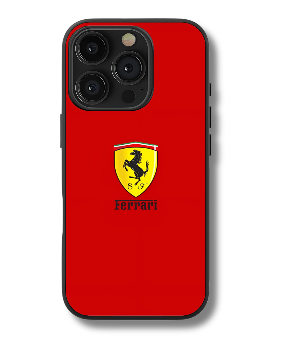 Ferrari Phone Case. Red, prancing horse logo, Italian sports car.