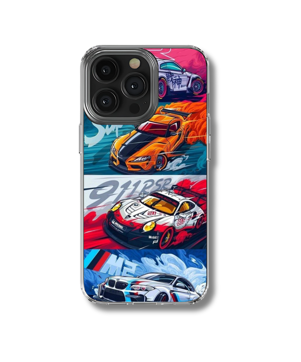 A phone case featuring a dynamic and colorful collage of four different racing cars stacked vertically. The top car is teal and pink with Japanese script, the second is a fiery orange, the third is a white and red Porsche 911 race car, and the bottom car is a white BMW with M stripes, all against a stylized, energetic background