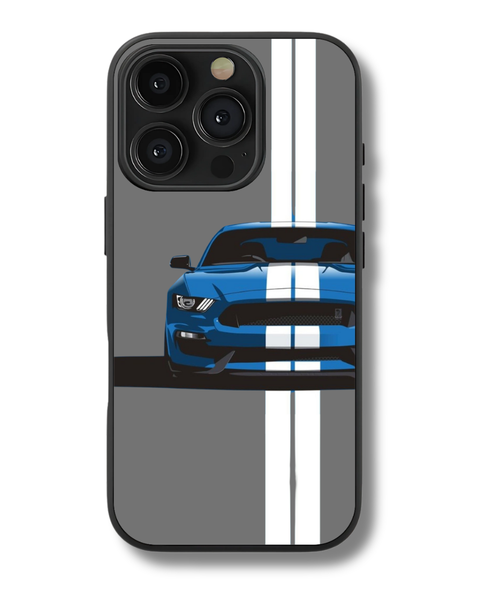 Shelby GT350 Phone Case. Blue Mustang, white stripes, muscle car.