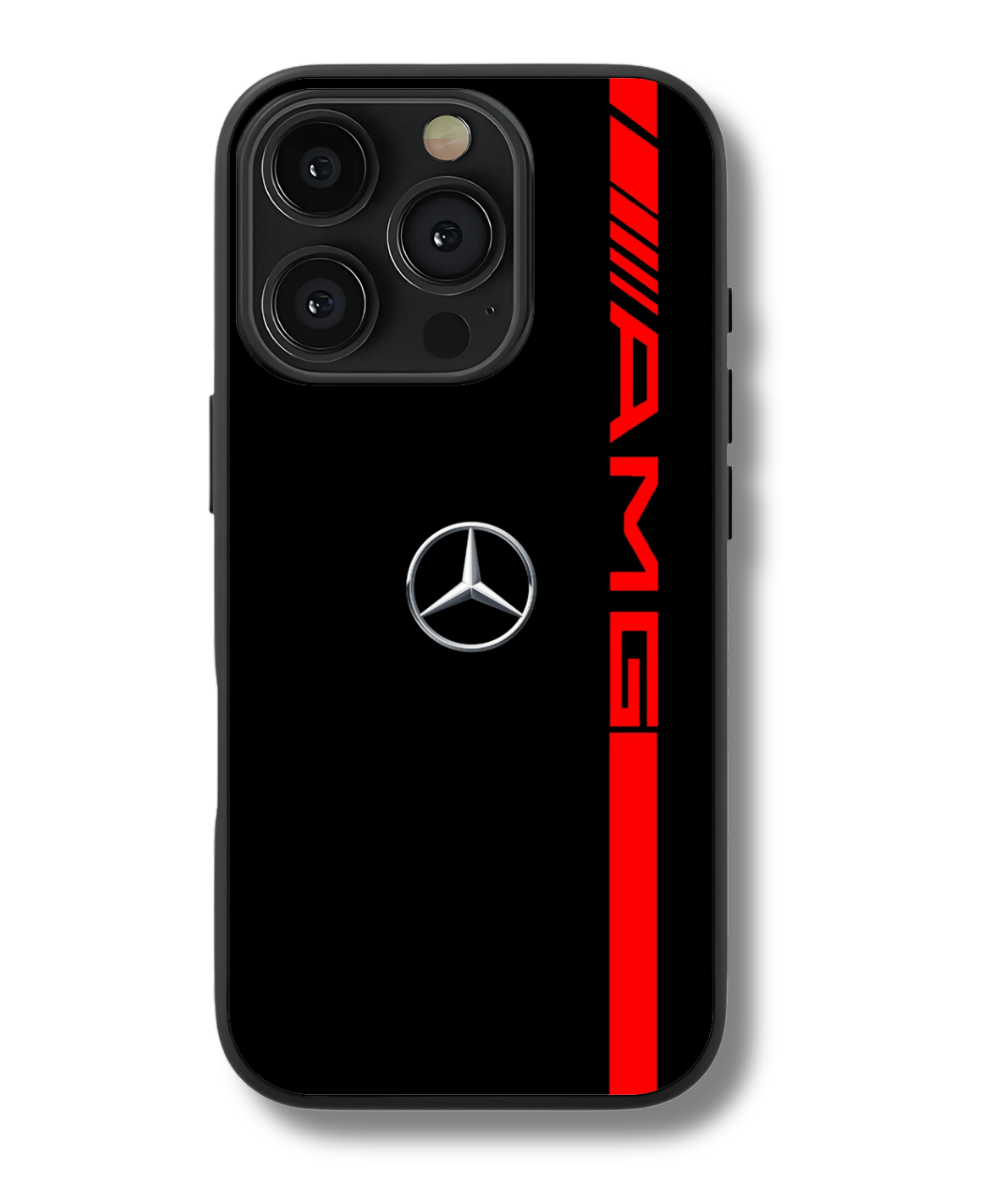 Mercedes AMG iPhone 15 Pro Case. Black, red stripe, AMG logo, Mercedes star