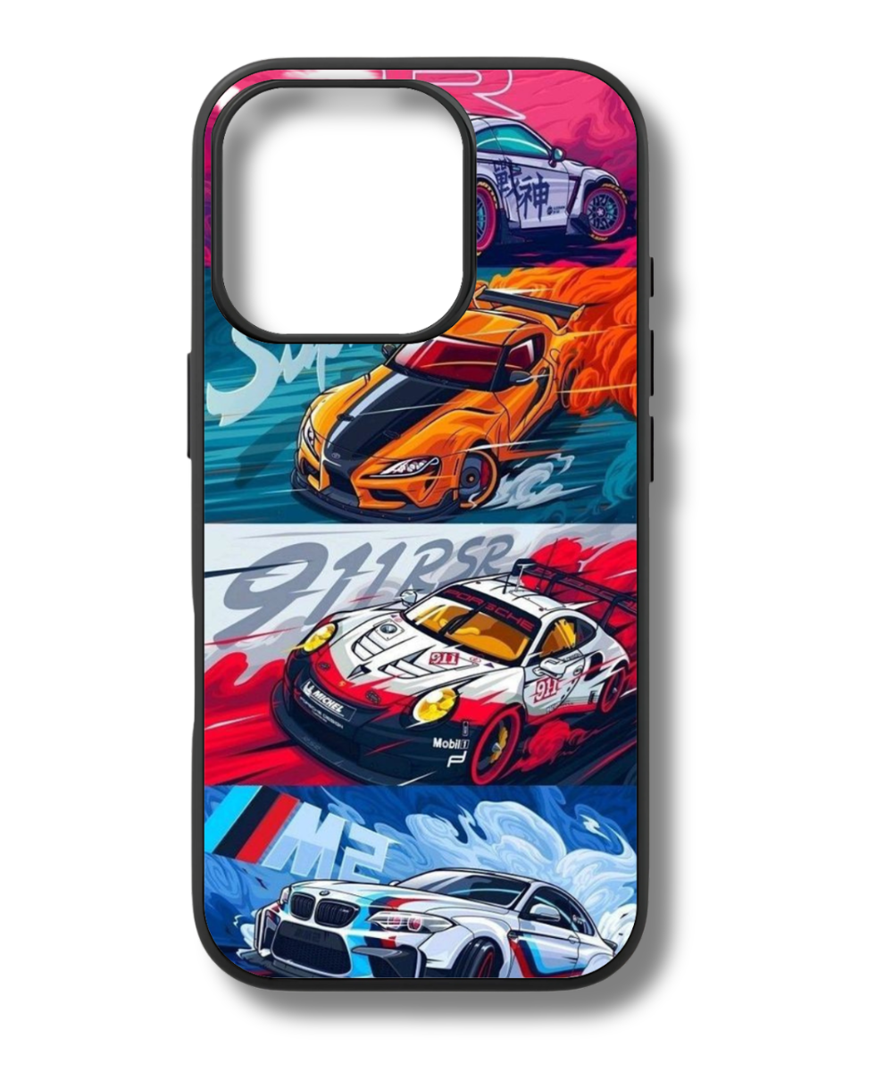 Fuel your need for speed with this vibrant racing car phone case. The dynamic collage of different race cars is perfect for motorsport enthusiasts