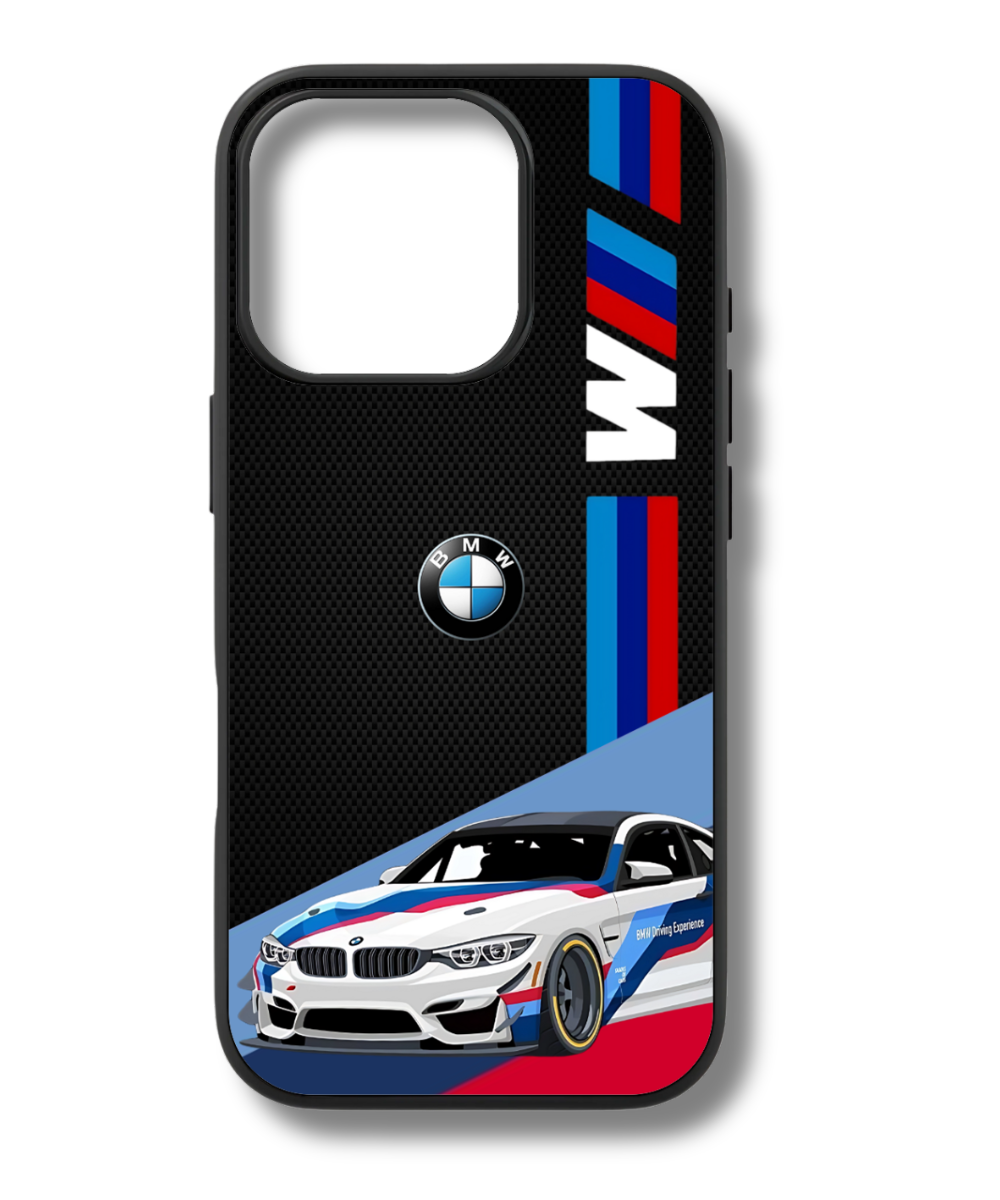 Show your passion for BMW performance with this stylish M4 phone case. The dynamic design featuring the iconic M stripes and the sleek sports car makes a statement."