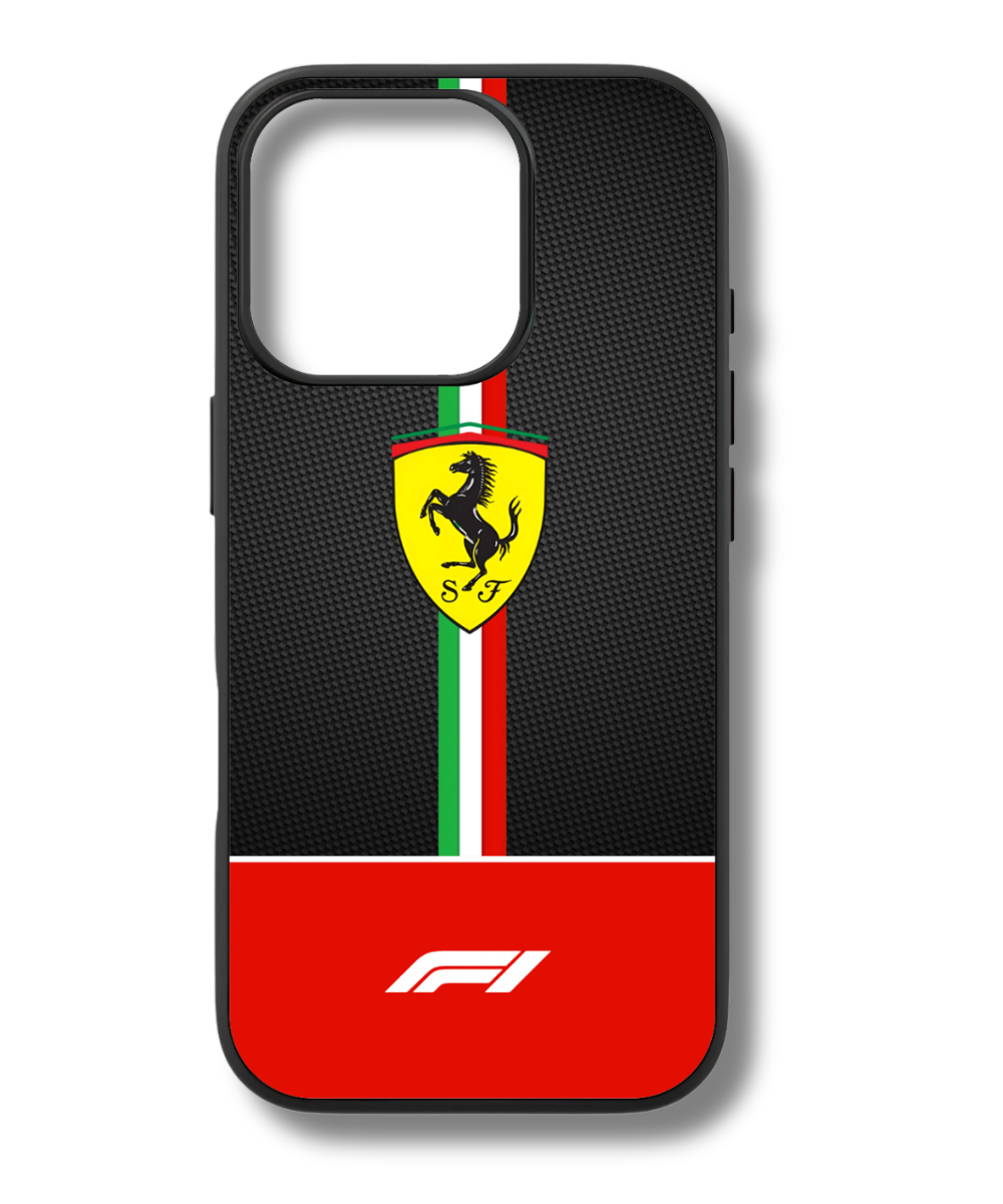Show your love for Ferrari and Formula 1 with this stylish phone case. The iconic prancing horse, Italian stripes, and F1 logo make a bold statement