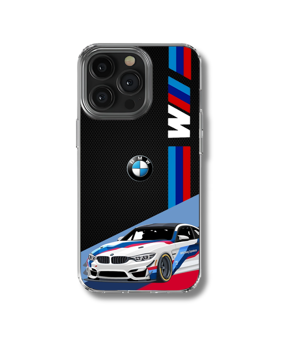 A phone case featuring a dynamic design inspired by the BMW M series. The case showcases a white BMW M4 sports car with the iconic M stripes (blue, red, light blue) and the BMW logo against a black carbon fiber-like background. The 'M' letter is prominently displayed vertically with the M stripes